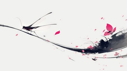 Chinese ink painting style, simple lines of a flying grasshopper on a long, curved stem with pink petals floating in the air, against a white background with simple, elegant details., high quality,