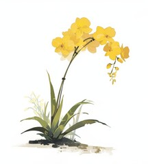 A small yellow orchid, with green leaves and long stems, painted in the style of Chinese art, with a white background. The composition is simple yet elegant,