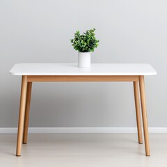 Modern Minimalist Table with Plant Against Simple Gray Wall