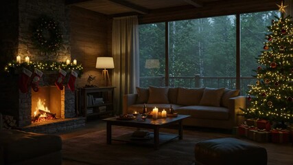 Cozy ambiance for reSeamless looping 4k time-lapse virtual video animation background, Inviting living room with a comfortable sofa, 4k video,  cozy living room interior with a lit fireplace, 