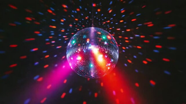 energetic video party atmosphere. Live desktop wallpaper. 4k video, disco ball on a dark background, disco ball with colorful reflections, 
