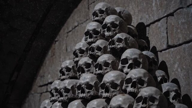 Pyramid of Human Skulls in Dark Ancient Stone Chamber &ndash; Ritual Death Symbolism Inspired by Aztec and Maya Cultures for Horror, History, and Fantasy Videos
