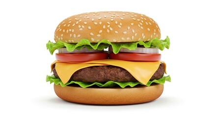 Delicious looking cheeseburger stacked with fresh ingredients isolated on white