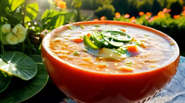 colorful summer gazpacho in a hollowed-out tomato bowl garnished with diced vegetables and olive oil, slowly zoomed out against a sunny outdoor backdrop concept of summer food
