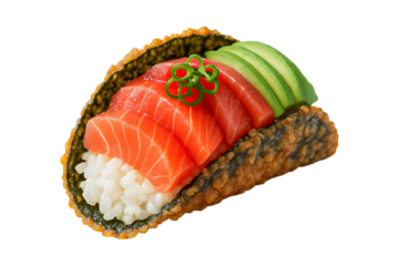 Gourmet sushi taco with fresh salmon, avocado, and rice, delightful fusion dish
