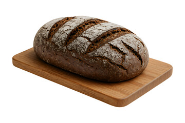 Artisan rye bread on wooden board, showcasing its rustic texture and crusty surface