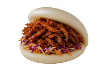 Gourmet bao filled with savory pulled meat and colorful slaw, delightful treat