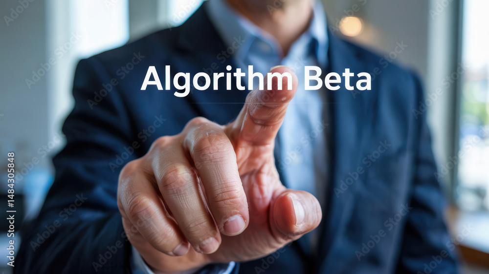Poster algorithm beta concept with businessman pointing finger in office environment for industrial power p