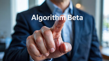 Algorithm beta concept with businessman pointing finger in office environment for industrial power plant innovation