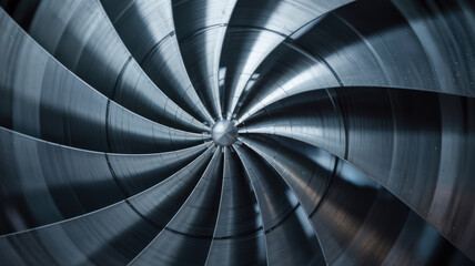 Naklejka premium Industrial turbine blade close up in power plant machinery with metallic texture and curved design creating dynamic energy flow