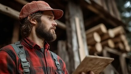 Woodworker examines a piece of lumber - Powered by Adobe