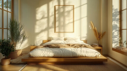 Cozy bedroom featuring a wooden bed, soft bedding, and minimalistic decor
