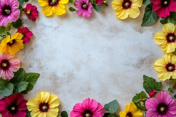 Obraz premium Colorful flower arrangement creating a decorative frame on a light background.