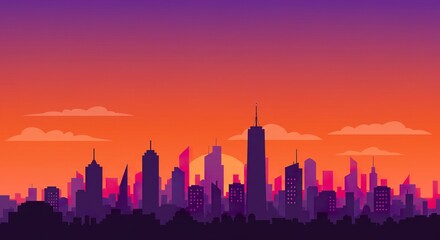 Obraz premium Dynamic urban skyline silhouette showcased against a vibrant sunset gradient