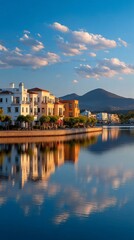 Fototapeta premium Waterside villas reflecting mountain backdrop sunny vista
