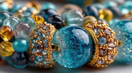 Jeweled Beads: A dazzling array of beads in varying shapes and shades of teal, blue, and gold, are a celebration of detail and opulence. This macro photograph emphasizes the intricate textures.