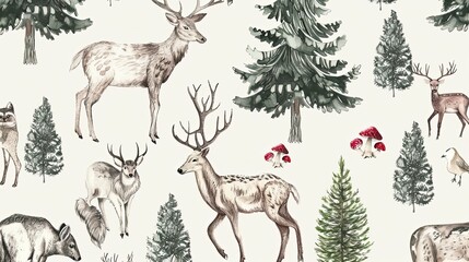Watercolor woodland animals and trees pattern