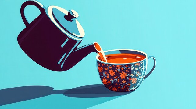 Aesthetic pixelated teacup pouring tea from a pot on a bright bl
