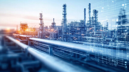Double exposure refinery plant and Crude Oil pump oil rig energy industrial