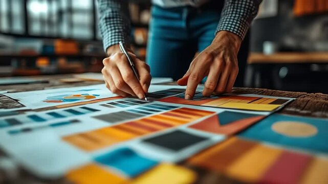 Person analyzing data and design elements on a table