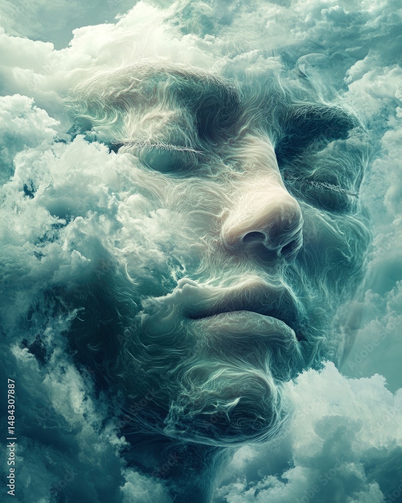 Poster ethereal representation of a serene face emerging from wispy clouds in a dreamlike atmosphere