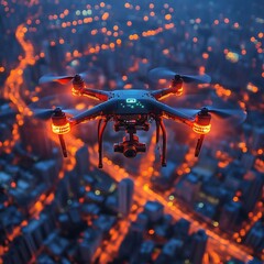 Drone Capturing Aerial Cityscape View with Bright Lights at Night