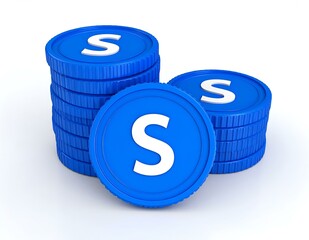 Blue Tokens Stacked 3D Rendered Currency, Savings, Finance, Wealth