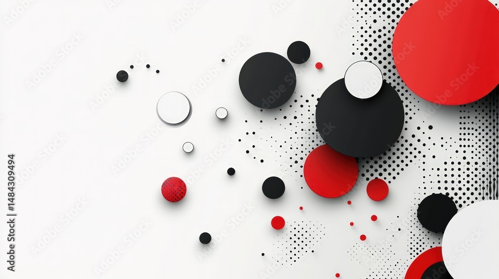 Poster abstract composition of red, black, and white circles with dots and patterns on a light background