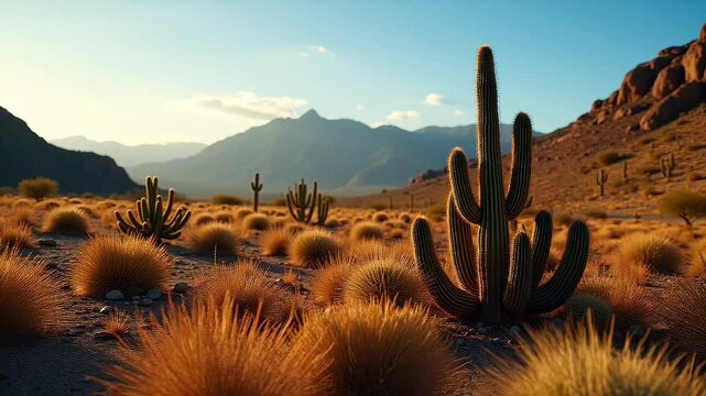 Desert cactuses with dry grass plants and mountains isolated on white background. Suitable for marketing or business purposes