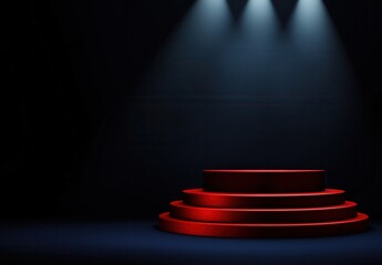 Obraz premium Three Tiered Red Podium Illuminated by Spotlights on Dark Blue Background