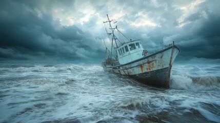 Abandoned Fishing Vessel Stranded on Stormy Shore with Dramatic Cloudy Sky and Turbulent Waves