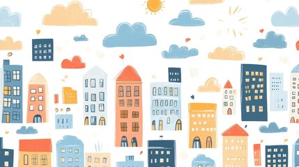 Whimsical city illustration with cartoonish buildings, sun, and clouds