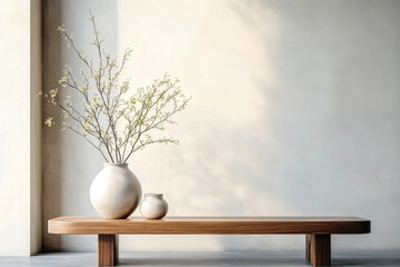 wooden bench and clay vase Japandi interior design of modern living room