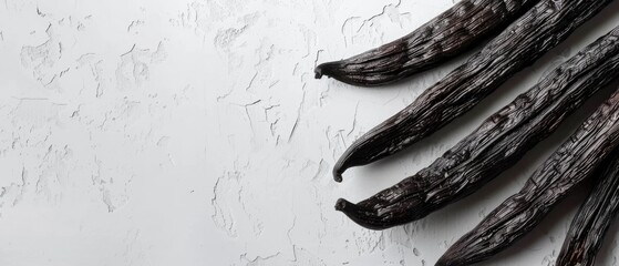 Dried vanilla beans on a white textured background. Top down view of brown dried vanilla beans placed on background. Culinary ingredient and flavoring concept. Seasoning and kitchen essential. AIG55.