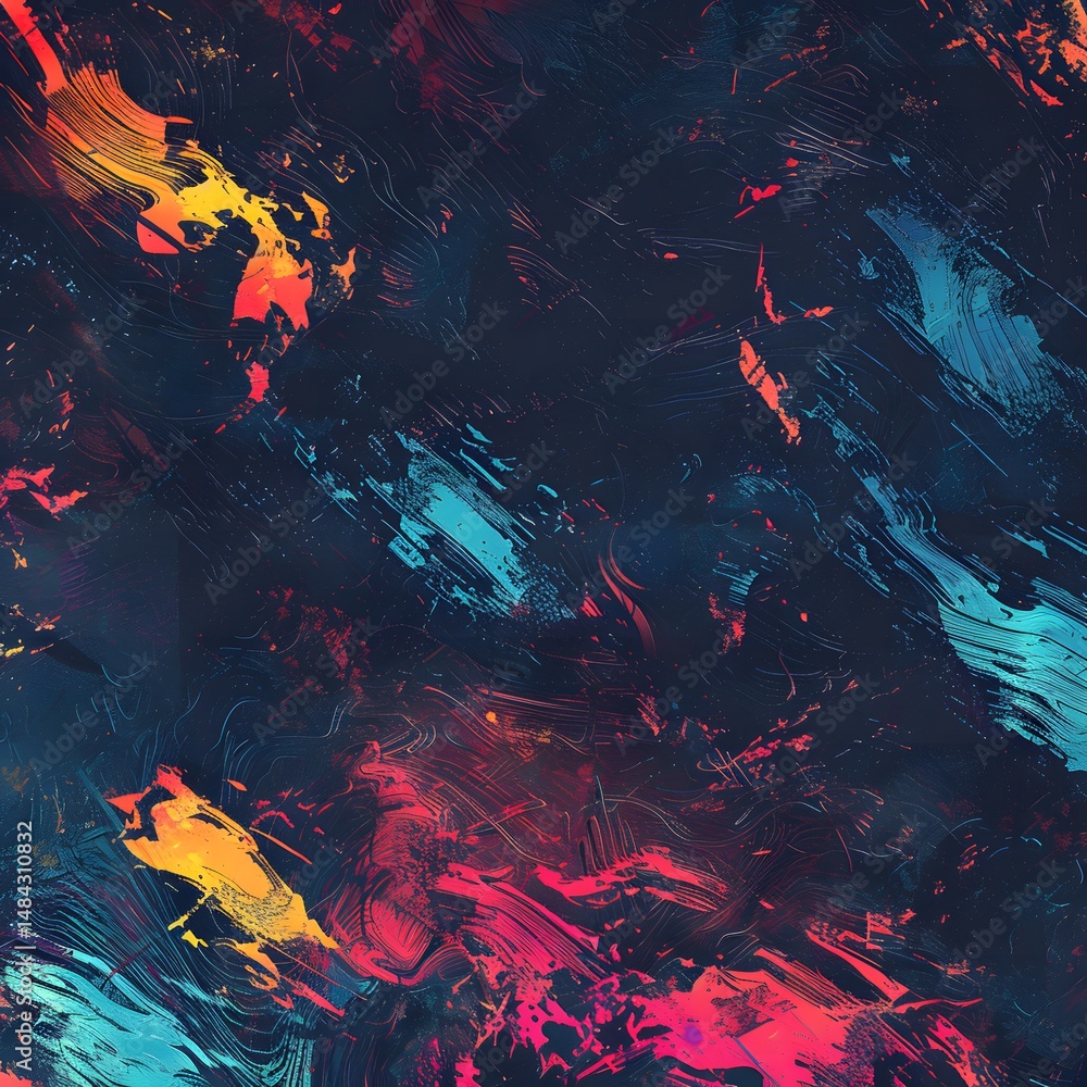 Poster dark abstract background with grungy texture and splashes of teal and orange paint