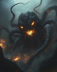 Mysterious Creature Emerging from Dark Ocean Depths with Glowing Eyes and Fiery Tentacles