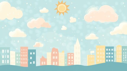 Fototapeta premium Pastel city scene with clouds, sun, sparkles, and various building shapes