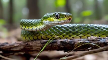 Striking green snake encounter in lush forest wildlife photography close-up nature serene environment