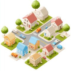 Urban neighborhood layout aerial view digital art city environment colorful houses and cars