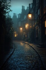Fototapeta premium Mysterious Cobblestone Alleyway with Warm Lantern Light in Foggy Night Scene