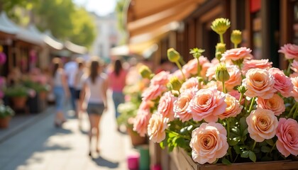 Peach Flowers in City Setting with People Walking by