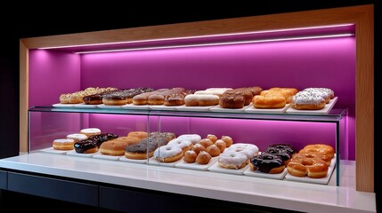 Delicious Donuts Display Sweet Treats in Modern Bakery.