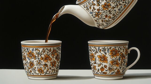 Elegant Tea Ceremony Pouring Infusion from Ornate Teapot into De