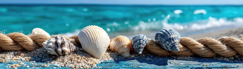 Beach scene on blue wooden with colourful shells and rope concept. Seashells resting on a rope by the tranquil ocean shore.