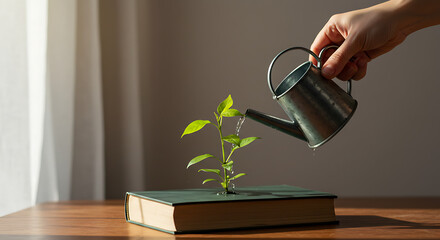 Watering Sprout Growing from Book on Tabletop