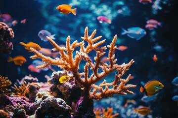 Fototapeta premium Vibrant coral reef teeming with diverse fish species in a clear blue ocean.