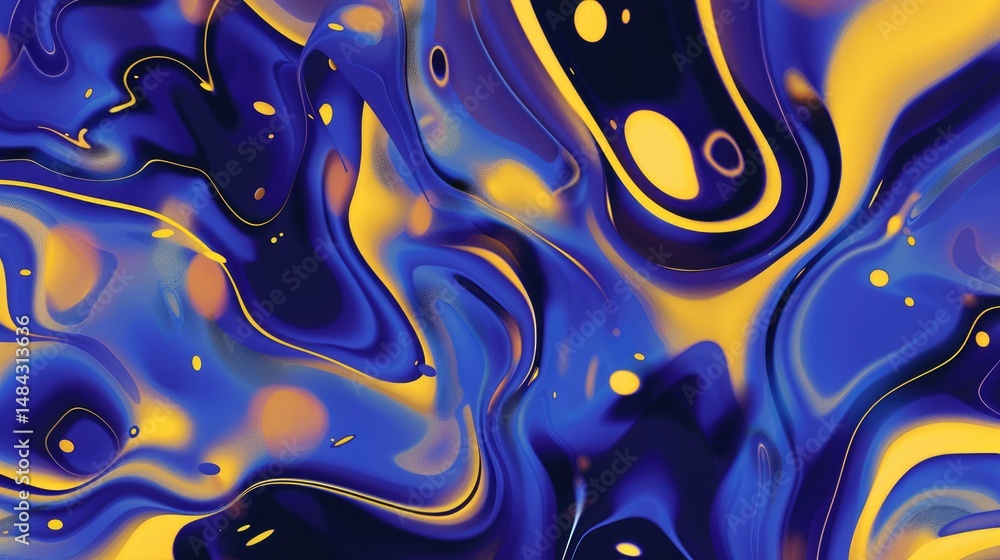 Poster abstract fluid shapes in blue and yellow with confetti. digital 3d rendering art of yellow and blue 