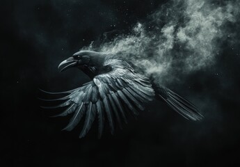Obraz premium Majestic Black Bird in Flight with Ethereal Smoke Effects on Dark Background