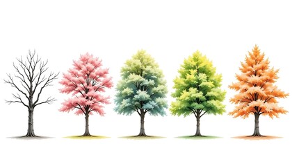 Obraz premium Illustrative Trees in Different Seasons Row on White Background