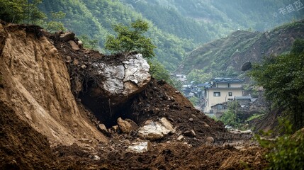 Landslide impacting homes rural area nature photography mountain environment wide view disaster awareness